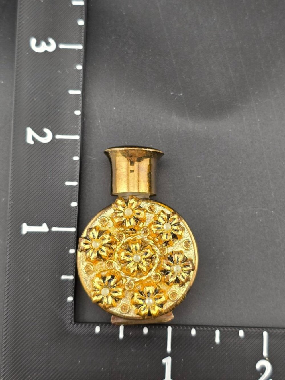 Vintage Gold Metal Floral Perfume Bottle With Faux Pearl Accents 2"  Empty - Picture 9 of 9